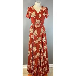 Lulus Heart of Marigold Floral Wrap Dress in Rust Red Size M